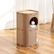 Multi-layer felt enclosed cat scratch nest and climbing frame with hanging toy, measuring 60x37x37 cm for multi-cat use.